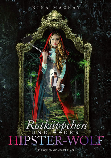 Das Cover zeigt eine Frau in einem roten Kapuzenmantel vor einem großen Spiegel. In der rechten Hand hält sie einen Selfiestick und in der linken ein Handy. Auf ihrem Rock sieht man einen Waldweg, auf dem ein Mann in Achselshirt und Weste, mit Brille und Hipster-Frisur steht. Um den Spiegel ranken sich dunkle Pflanzen.